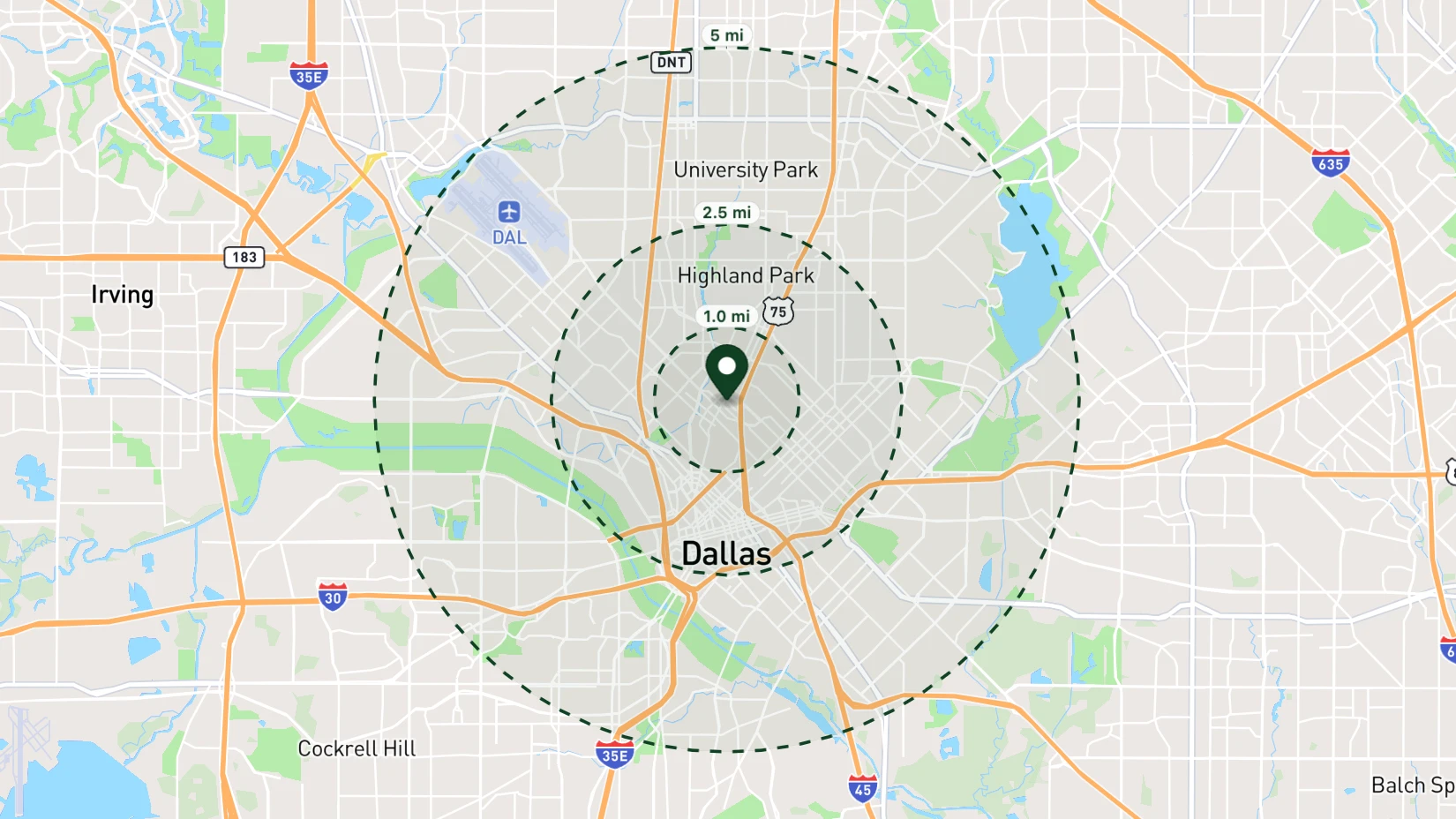 1, 2.5 and 5-mile radius rings around 3700 McKinney Ave, Dallas